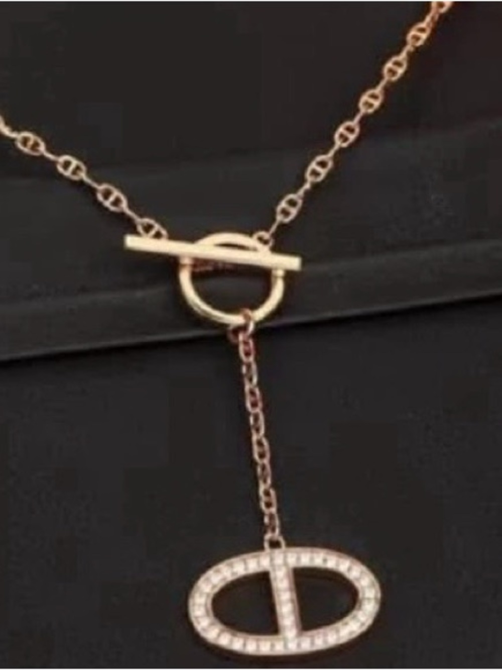 Rose Gold plated Toggle Lariat Necklace with Crystal Oval Pendant